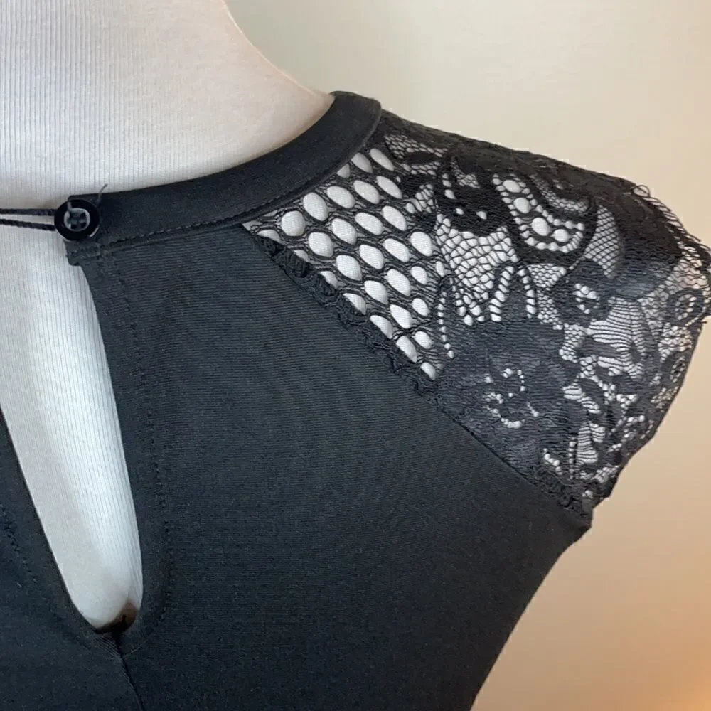 Anthropologie Elodie Fit & Flare Black Dress w/ Lace Floral Sleeves (Small) - Picture 15 of 16